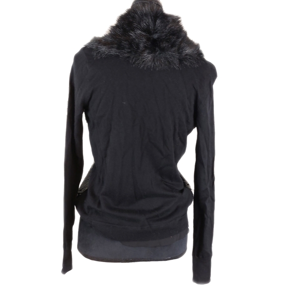 Jones New York Petite Black Fur Collar Wool Blend Sequins Cardigan Sz PM NWT - Picture 8 of 9